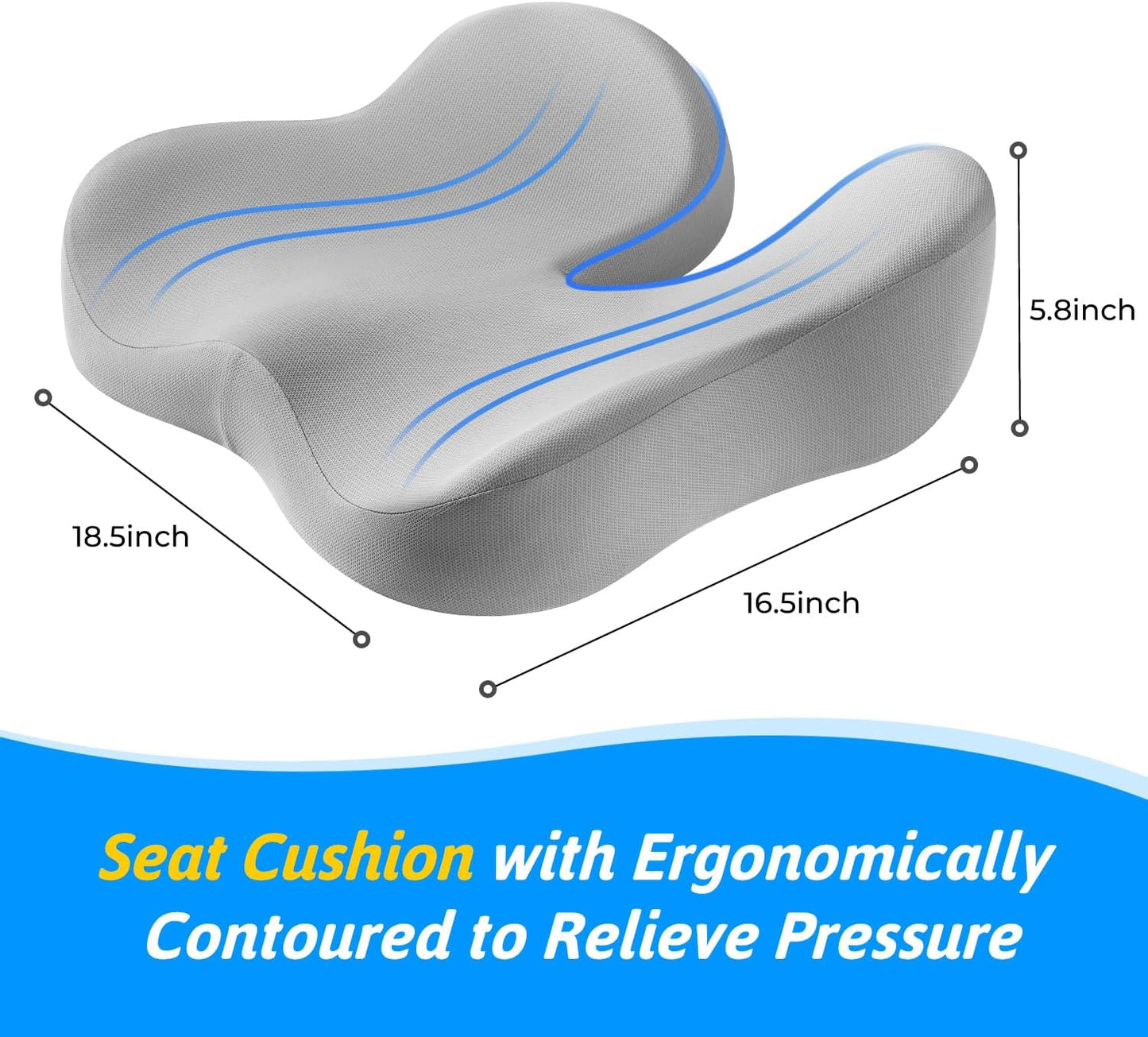 Seat Cushion for Tailbone & Sciatica Pain Relief – Certified & Ergonomist-Designed – Tapered Front Edge Reduces Thigh Pressure – Wide Memory Foam for Office Chair, Car, Wheelchair (Gray)