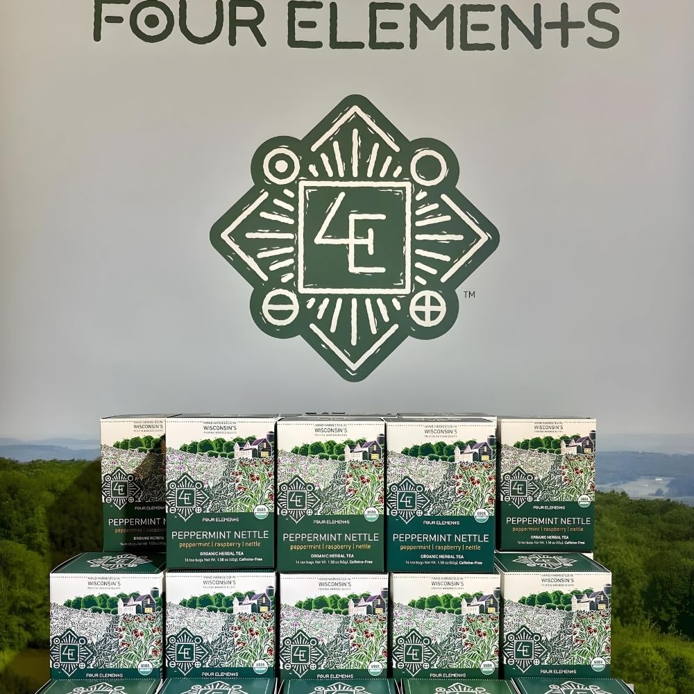 Four Elements 4E Peppermint Nettle Tea, Blended with Peppermint, Raspberry Leaf and Nettles, 100% Organic Herbal Tea, 16 Teabags, 1.2 OZ