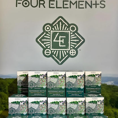 Four Elements 4E Peppermint Nettle Tea, Blended with Peppermint, Raspberry Leaf and Nettles, 100% Organic Herbal Tea, 16 Teabags, 1.2 OZ