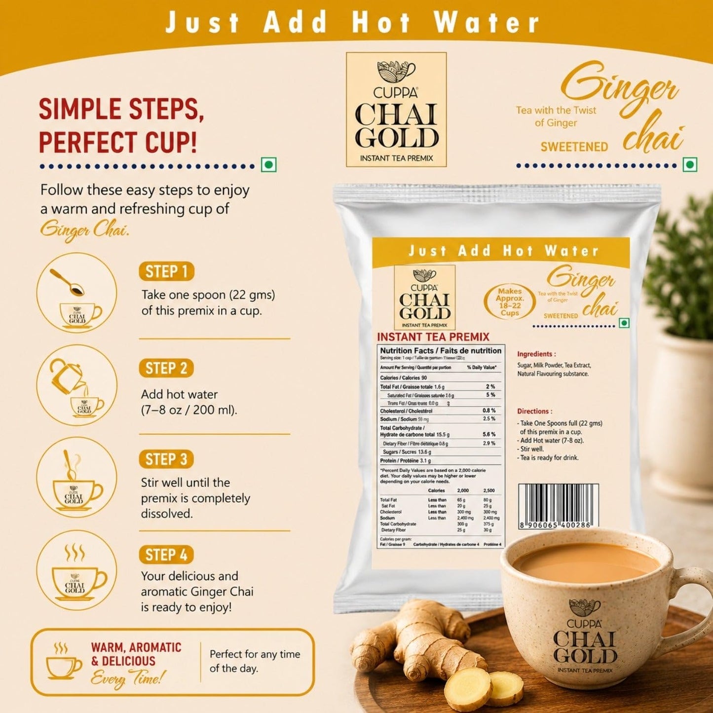 Chai Gold Instant Chai Tea Premix Powder - Sweetened Milk Tea Latte Mix for Home and Beverage Dispensers - [500g / 1.1 lb Bulk Bag] (Kadak)