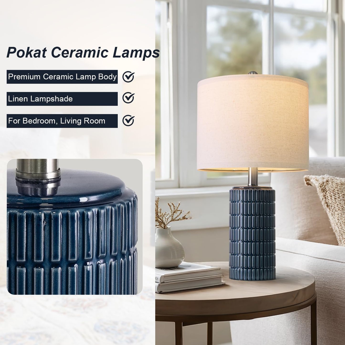 PoKat 20.75" Small Modern Ceramic Table Lamps Set of 2 for Bedroom, White Bedside Lamps for Night Stands, Farmhouse Desk Home Decor Gift Nightstand Table Lamps for Living Room End Table Beige