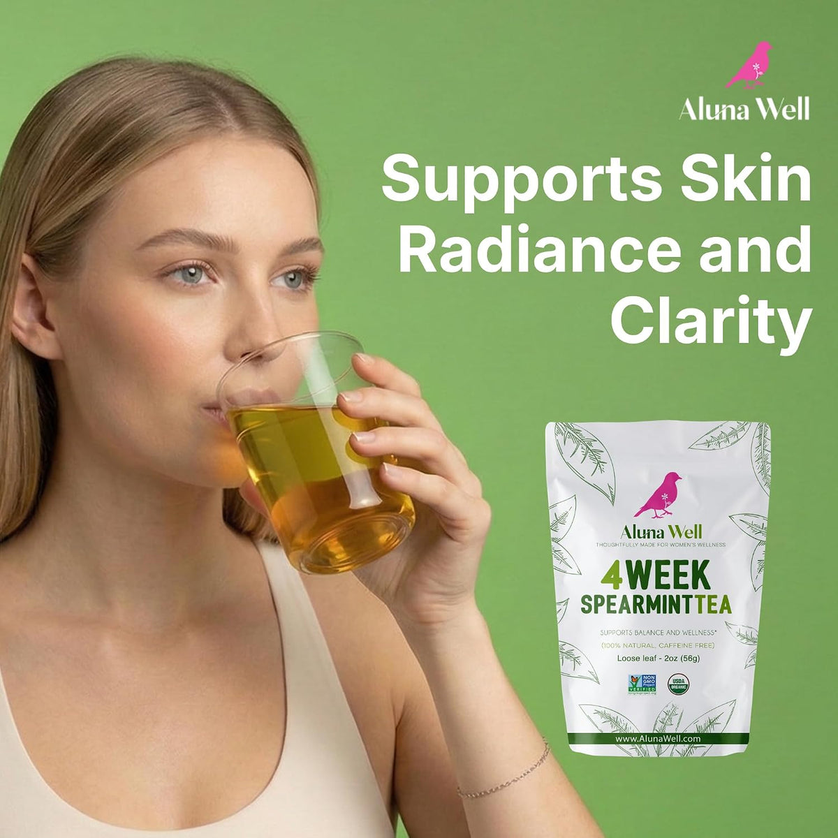 Aluna Well Organic Spearmint Tea – Supports Hormonal Balance and Wellness for Women, 4 Week Loose Leaf Herbal Tea, Caffeine-Free, 2 oz