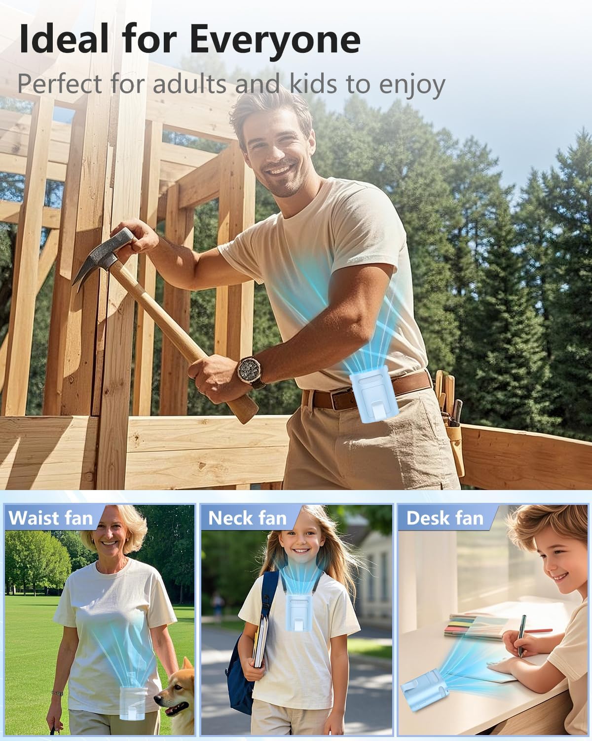Portable Fan Attaches to Belt Shirt-Little Waist Fan Clip on Undershirt Pants Pocket Hip,Cordless Personal Fans that Blow Cold Air, Strap Hangs Neck Conditioner for Travel Camping Sports White