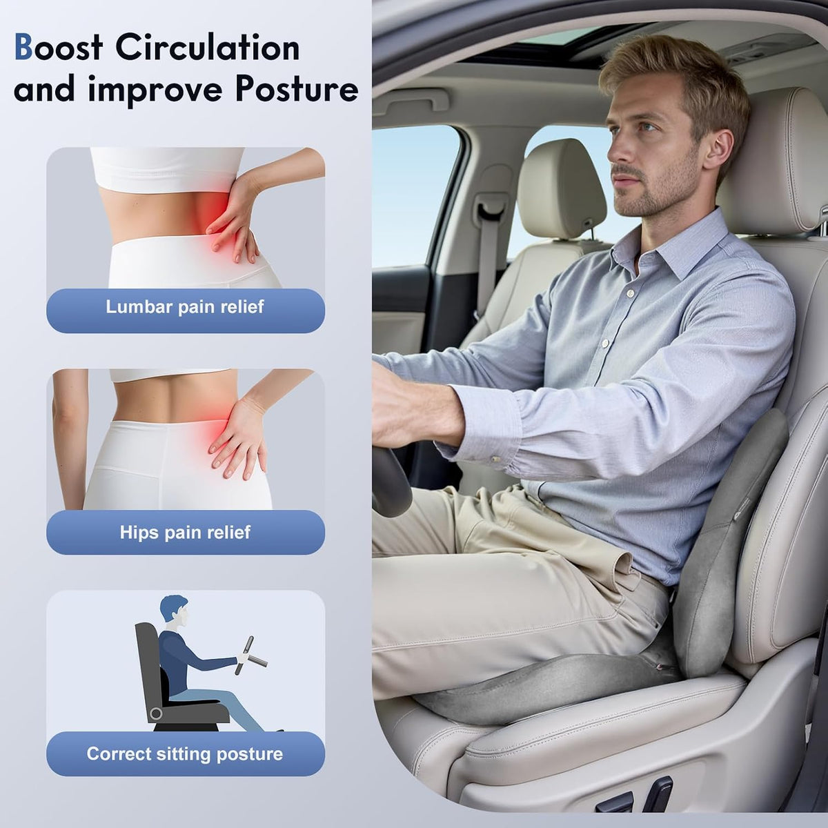 Coverado Car Lumbar Support Pillow and Car Neck Pillow Kit, Ergonomic Design Car Headrest Pillow for Driving, Relax Back Head Muscles Relieve Driving Fatigue, Breathable & Removable Cover, Gray