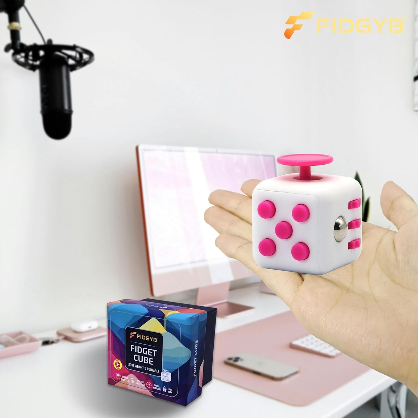 Cube Fidget Stress Relief Toy for Adults & Kids, Smooth, Quiet Sensory Toy for Anxiety, Focus & ADHD Idea[WHI_Pink]