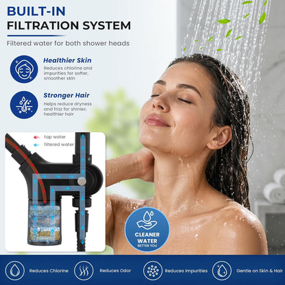 Ryamen Upgraded Dual Shower Heads Combo, 10 inch Filtered Shower Head with Handheld, 3-Way Rain Shower Head with Filters, 7 Settings Handheld Spray, High Pressure, Height Adjustable (Black)