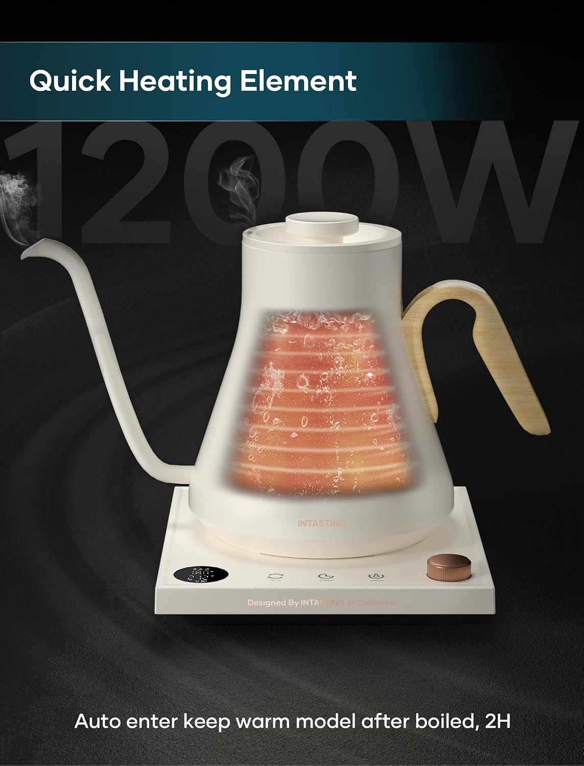 INTASTING Electric Kettle, Gooseneck Electric Kettle, ±1℉ Precise Temperature Control, Stainless Steel Interior, Quick Heating for Pour Over Coffee, Tea & Boiling Water, 0.9L (Black)