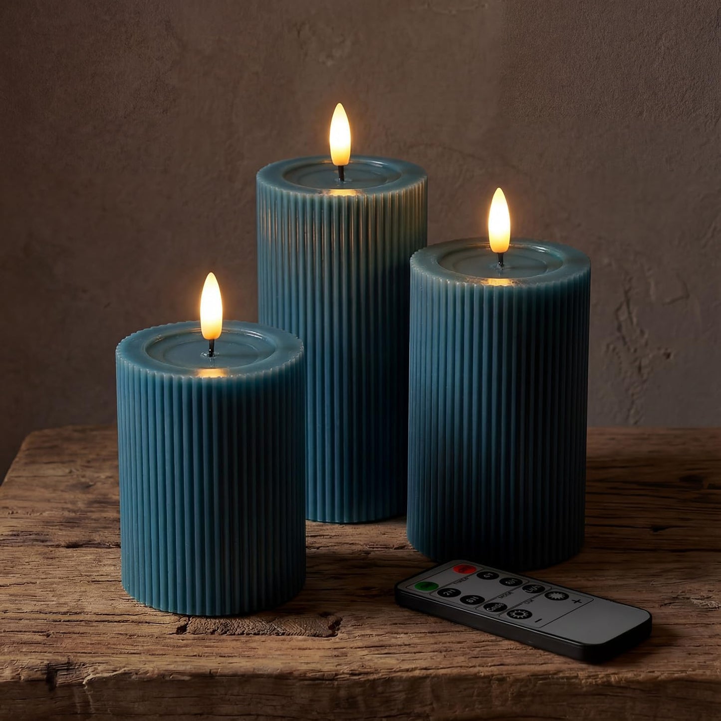 Ribbed Fluted Real Wax Flameless LED Pillar Candles, Loden Sage Olive Green, Melted-Wax Top Look, Flickering Flame, Battery Operated, Remote & Timer, Shelf & Wedding Decor (Set of 3)