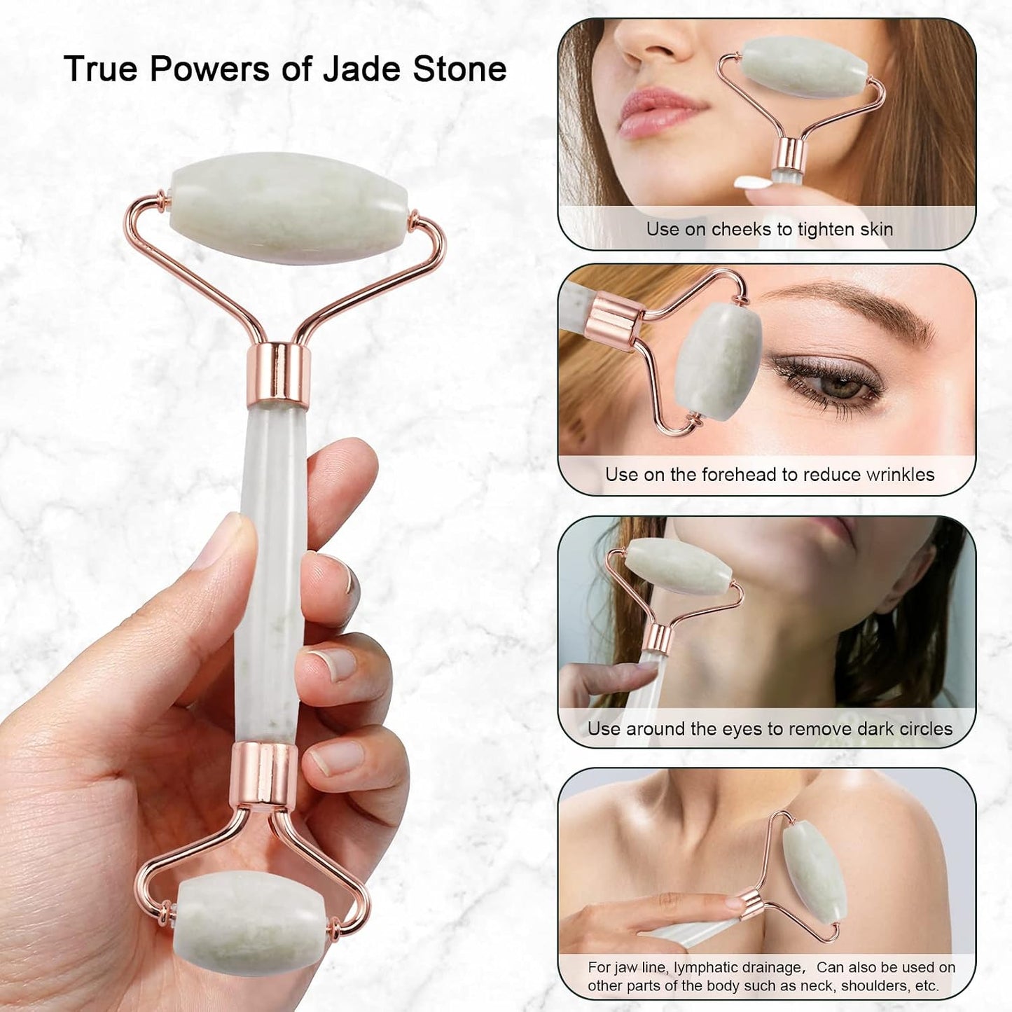 Jade Roller for Face, Facial Roller Massager Skin Care Tool, Gua Sha Facial Tools for Face, Neck, Eyes, Reduce Puffiness of The Skin - White