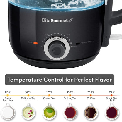 Elite Gourmet 1.2L Electric Glass Kettle, 1200W Fast Boil, Adjustable Temperature Control & Keep Warm, BPA-Free Borosilicate Glass, Auto Shut-Off & Boil-Dry Protection, 360° Cordless Base, Mint