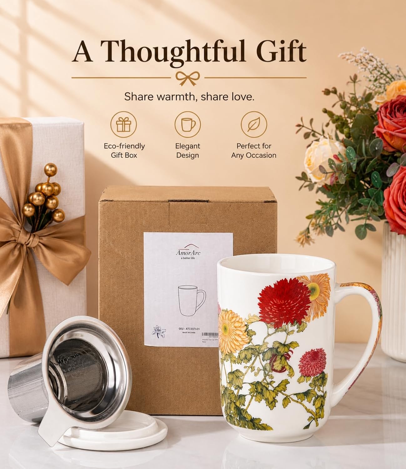 AmorArc Porcelain Tea Mug with Infuser and Lids, 18 Oz Large Cup Strainer with Bag Holder for Loose Leaf Tea, Steeping Coffee Mug for House-warming Wedding Birthday Gift
