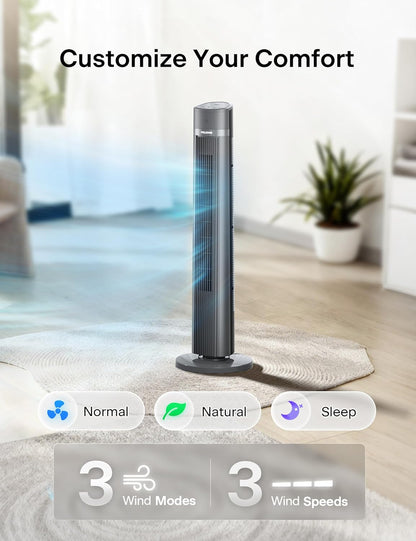 PELONIS 40 inch Bladeless Tower Fan for Bedroom, Standing Fan with Remote Control, 26ft/s, 90° Oscillation, 3 Speed Settings, 27dB, 3 Modes, 15-Hour Timer, LED Display, Fan that Blows Cold Air, White