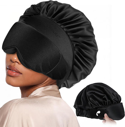 LC-dolida Satin Silk Bonnet for Sleeping Women Men, 2-in-1 Adjustable Hair Bonnet for Curly & Natural with Sleep Mask, Reduce Frizz, Lock in Moisture, Prevent Breakage and Tangles(Black)