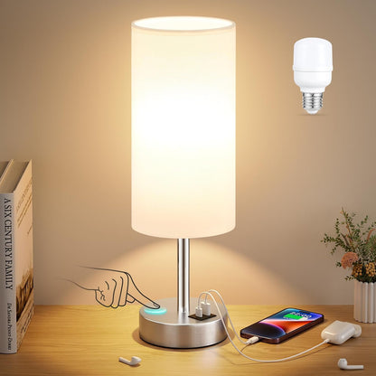 Dicoool Touch Bedside Table Lamp with USB - 3 Way Dimmable Wood Lamp for Bedroom Nightstand, Desk Lamp with Charging Station for Dorm, Living Room, Office, Kids Room, Small, 14in