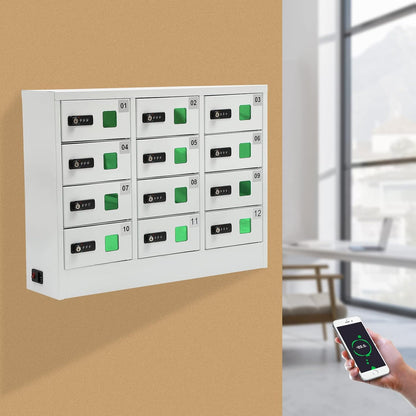 12 Slots Cellphone Locker, 12-Compartment Cellphone Charging Station with Combination Lock, 3 in 1 Charging Ports Phones Storage Pocket, Steel Plate Ipad Mini Storage Cabinet for Classroom Office