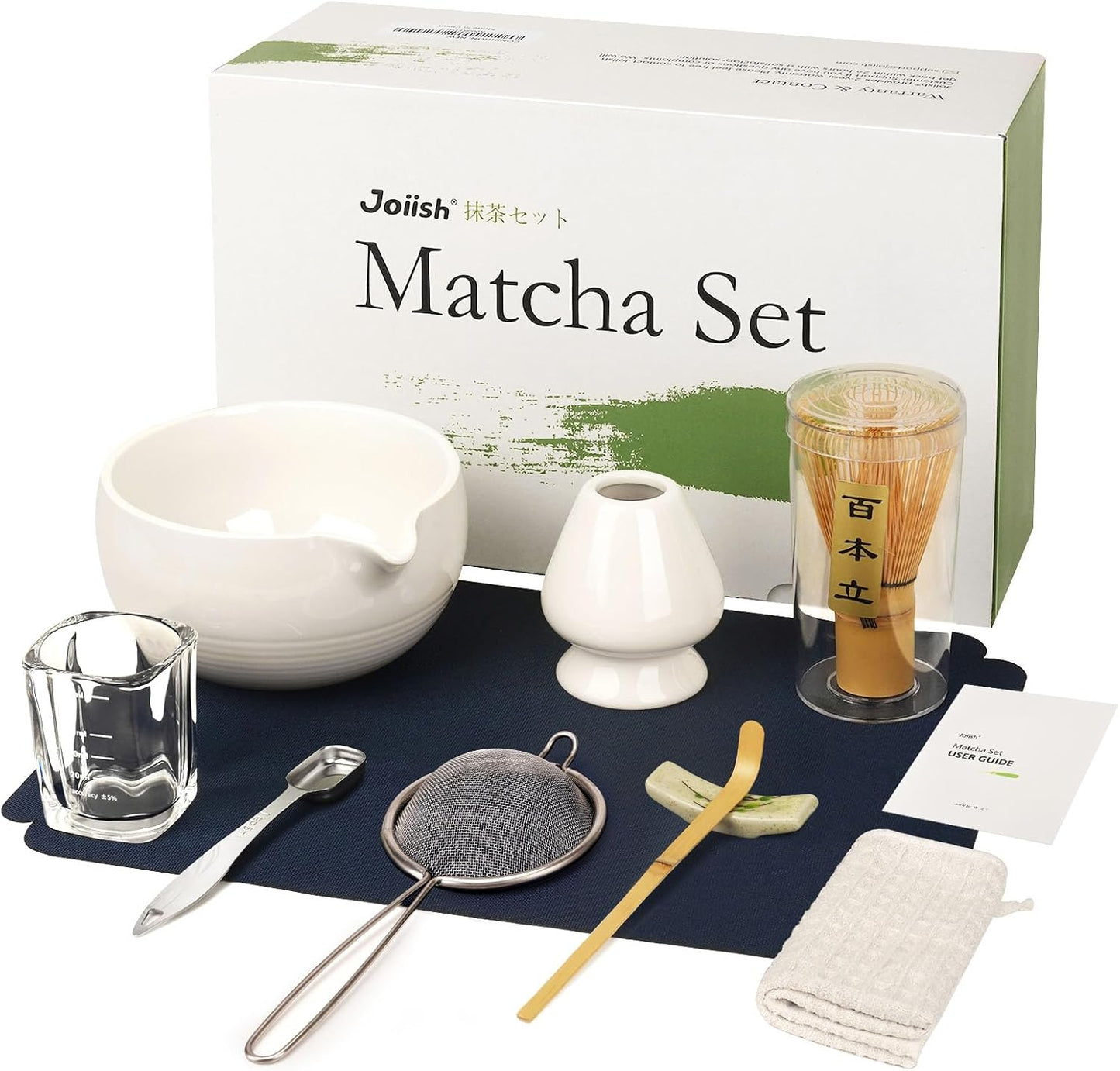 Joiish Matcha Whisk Set, Matcha Kit 10-Pcs, Bamboo Whisk and Ceramic Bowl with Spout & Measuring Spoon & Cup, Japanese Ceremony Matcha Tea Powder Making Tools, Light Green