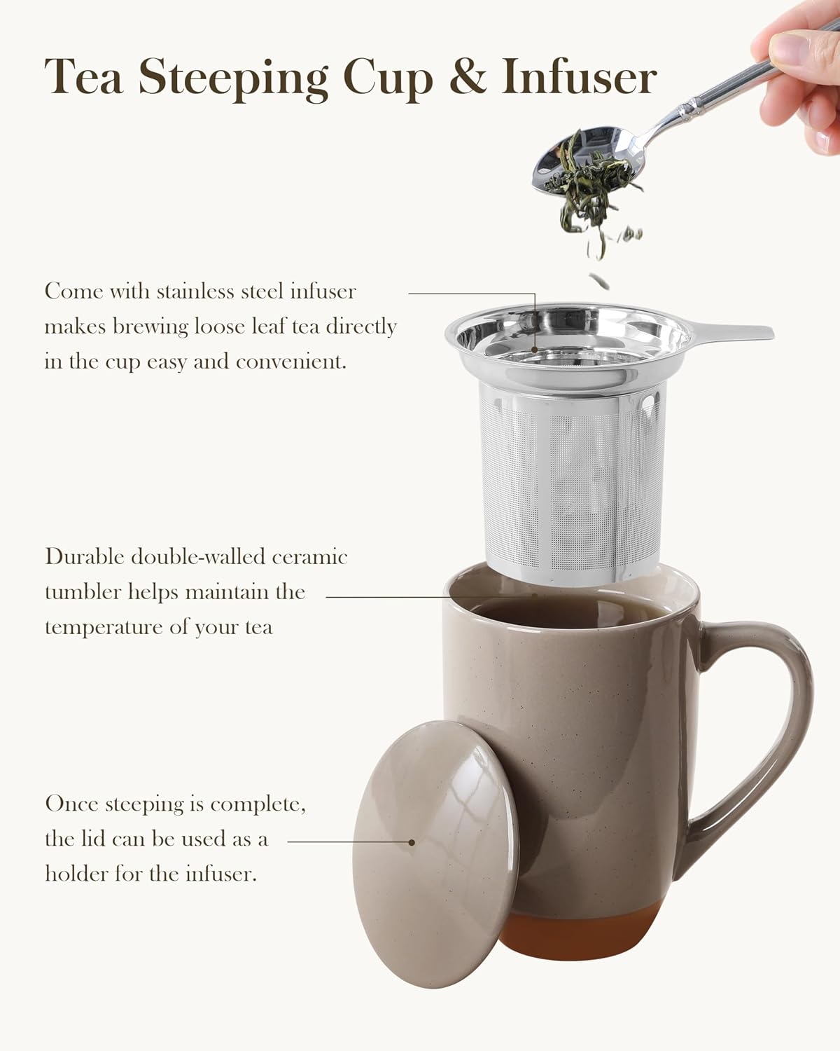 MALACASA Ceramic Tea Mug with Lid and Stainless Steel Infuser, 18 oz Large Tea Cup for Loose Leaf Tea, Heat-Resistant, Microwave & Dishwasher Safe, Speckled Glaze Coffee & Tea Brewer Mug, Khaki White