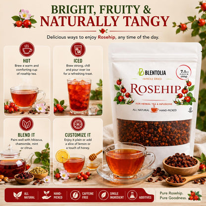 Blentolia Rosehip Whole Dried | 100% Natural Herbal Tea | Vitamin C Rich, Immune & Wellness Support | Caffeine-Free | 7.05oz (200g) Resealable Pouch