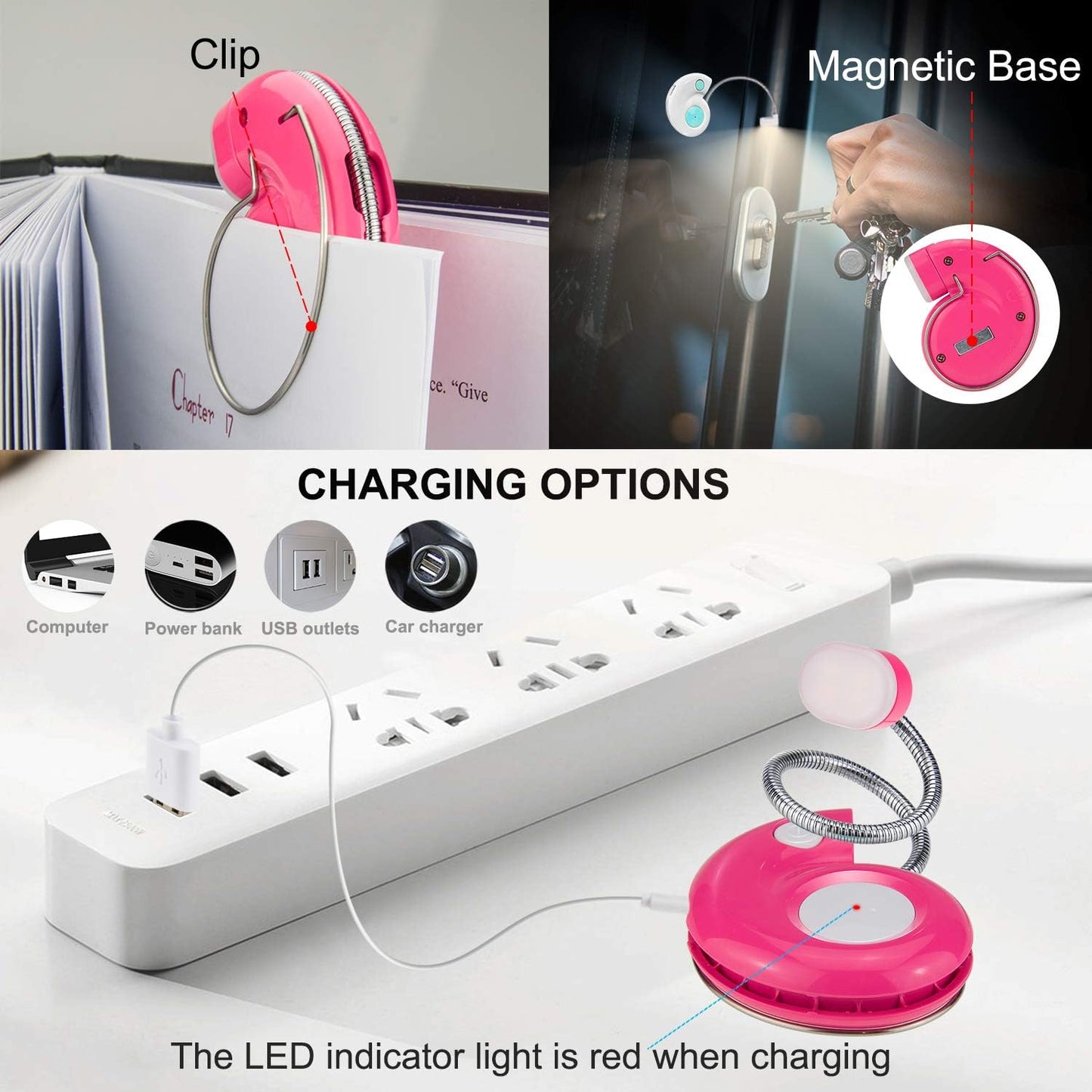 Kids Rechargeable Book Light, Clip on Reading Light for Kid, Kids Reading Lights, Amber Book Light for Reading in Bed, 2 Lighting Modes, Blue Light Blocking, Bookmark Light for Bookworms-Pink
