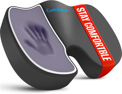 CushZone Seat Cushion - Memory Foam Office Chair Cushion for Sciatica, Tailbone & Back Pain Relief - Orthopedic Coccyx Pillow for Car, Airplane, Pregnancy & Long Sitting at Work, Black