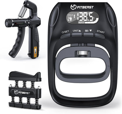 FitBeast Grip Strength Trainer Kit, Digital Grip Strength Tester with Adjustable Hand Gripper Strengthener & Finger Exerciser, Track Progress for Fitness, Rehab & Strength Building (Advanced 3-in-1 Kit)