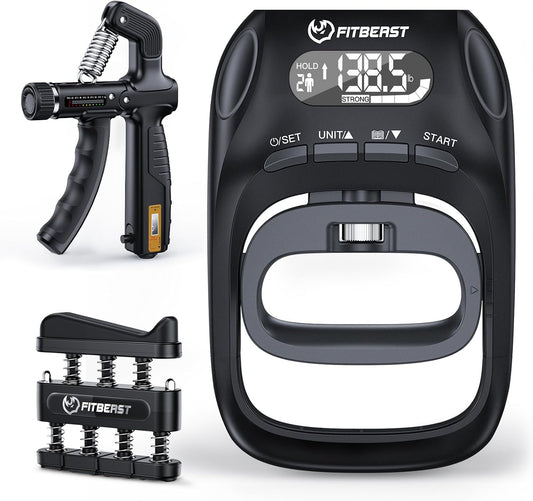 FitBeast Grip Strength Trainer Kit, Digital Grip Strength Tester with Adjustable Hand Gripper Strengthener & Finger Exerciser, Track Progress for Fitness, Rehab & Strength Building (Advanced 3-in-1 Kit)