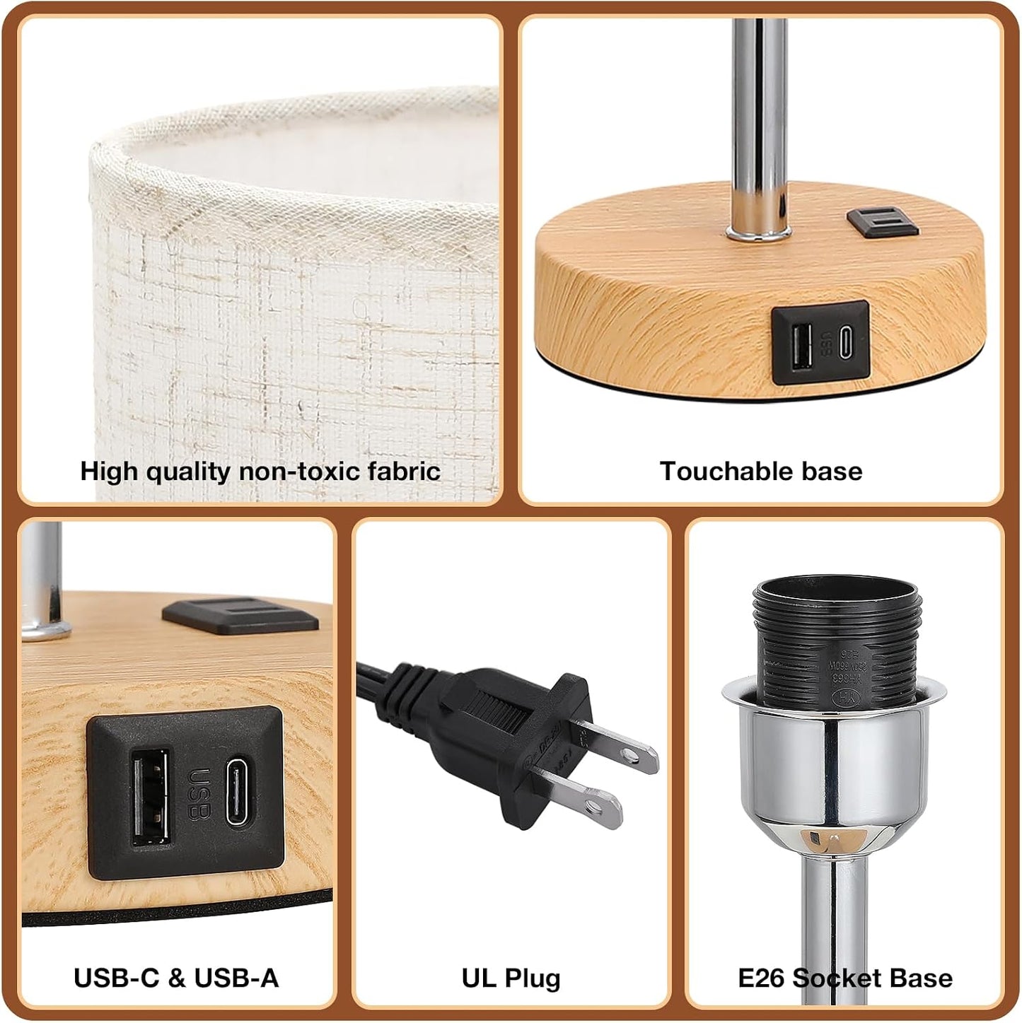 Dicoool Touch Bedside Table Lamp with USB - 3 Way Dimmable Wood Lamp for Bedroom Nightstand, Desk Lamp with Charging Station for Dorm, Living Room, Office, Kids Room, Small, 14in