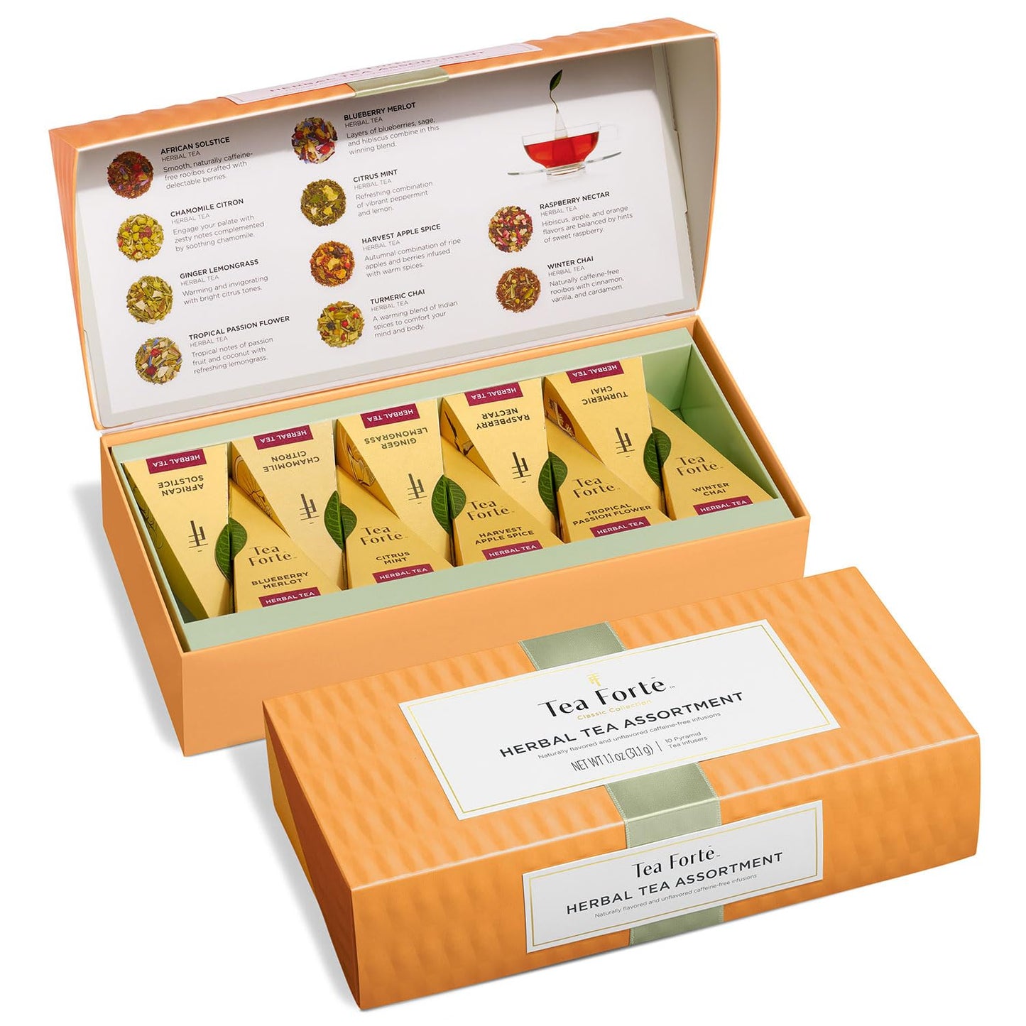 Tea Forte Premium Petite Presentation Box Gift Set Sampler, 10 Count, 2 of Each Blend Individually Wrapped Handcrafted Pyramid Infuser Bags, Demoiselle Tea
