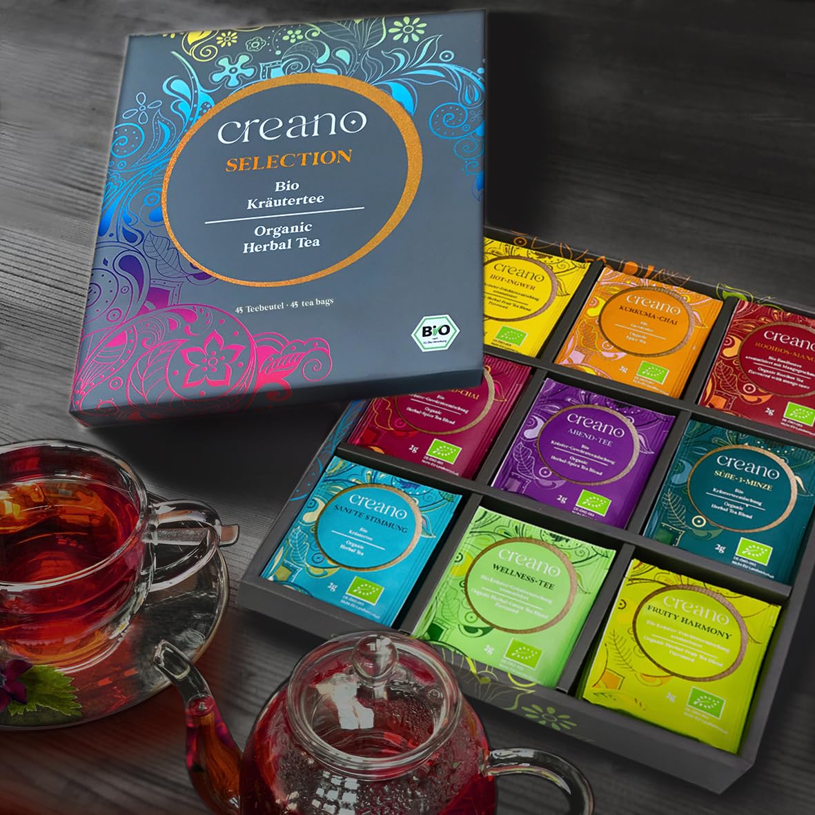 Creano Organic Herbal Tea Sampler Gift Set - Tea Gift Box - 27 Organic Tea Bags in 9 Different Varieties 54 g