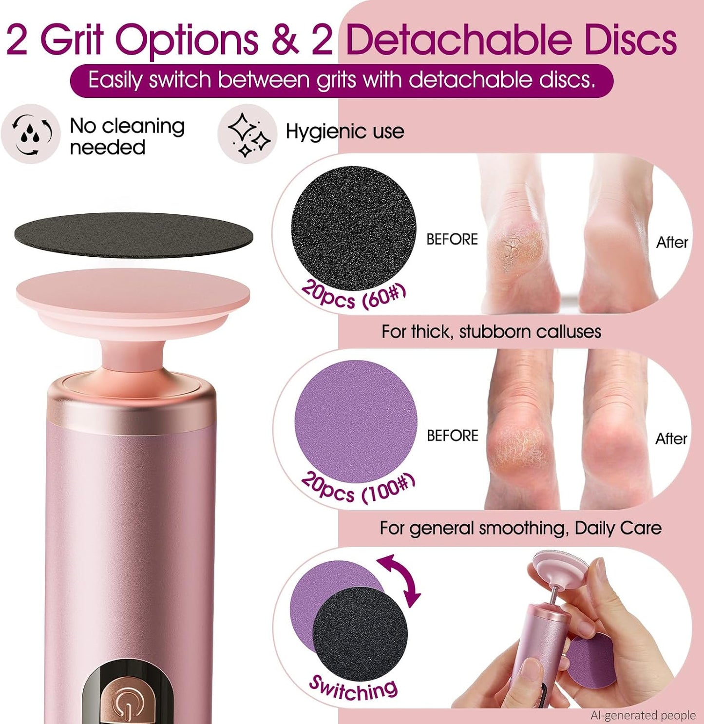 Electric Callus Remover for Feet, Rechargeable Pedicure Tools for Feet with 40PCS Sandpaper Discs, Adjustable Speed Heel Scraper for Cracked Heels, Foot Care Scrubber File for Dry Dead Skin