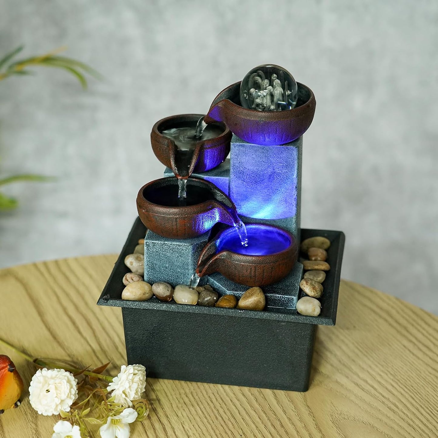 Small Indoor Water Fountain, Zen Meditation Waterfall Feature with Automatic Pump & Natural River Rocks, Tabletop Waterfall Fountain for Office Living Room Bedroom, 7.48” Tall