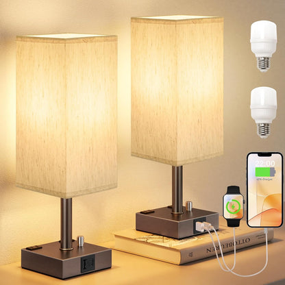 Bedside Table Lamps Set of 2 for Bedroom - Dimmable, USB C+A, 2 AC Outlets