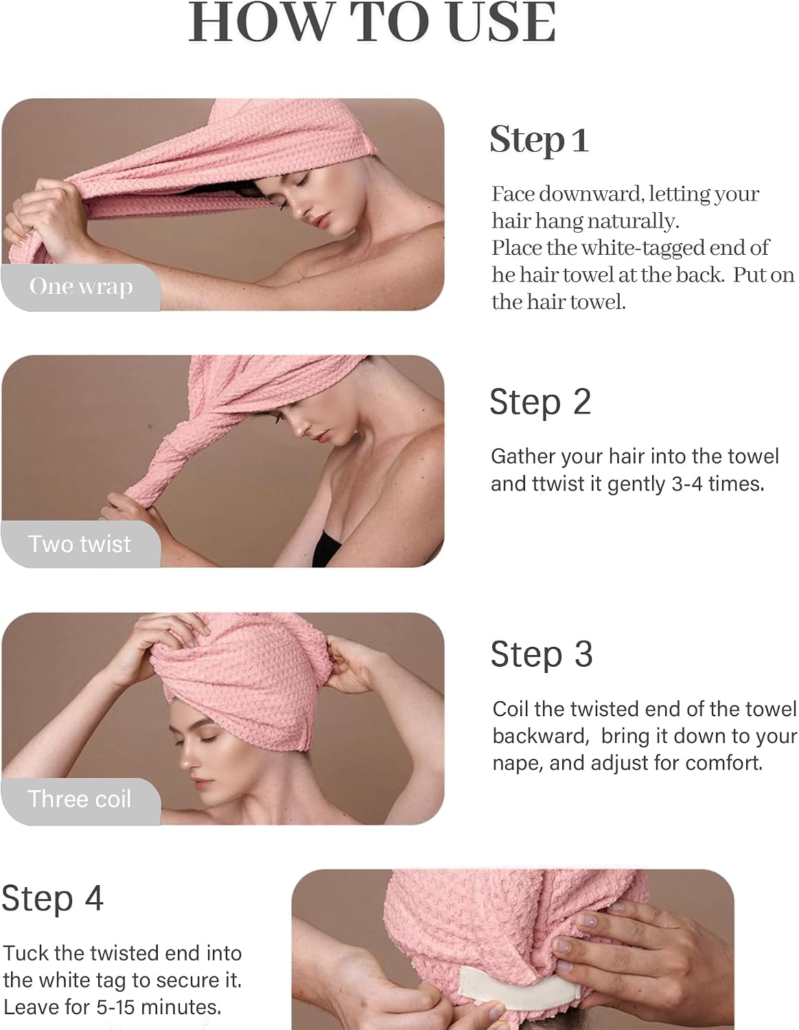 ROLSHOL 2 Pack Microfiber Hair Towel Wrap for Women, 32" x 11" Waffle Weave Hair Plopping Towel for Curly, Long & Thick Hair, Anti-Frizz Hair Turbans for Wet Hair (Pink, Grey)