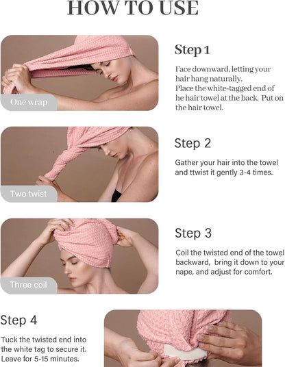ROLSHOL 2 Pack Microfiber Hair Towel Wrap for Women, 32" x 11" Waffle Weave Hair Plopping Towel for Curly, Long & Thick Hair, Anti-Frizz Hair Turbans for Wet Hair (Pink, Grey)