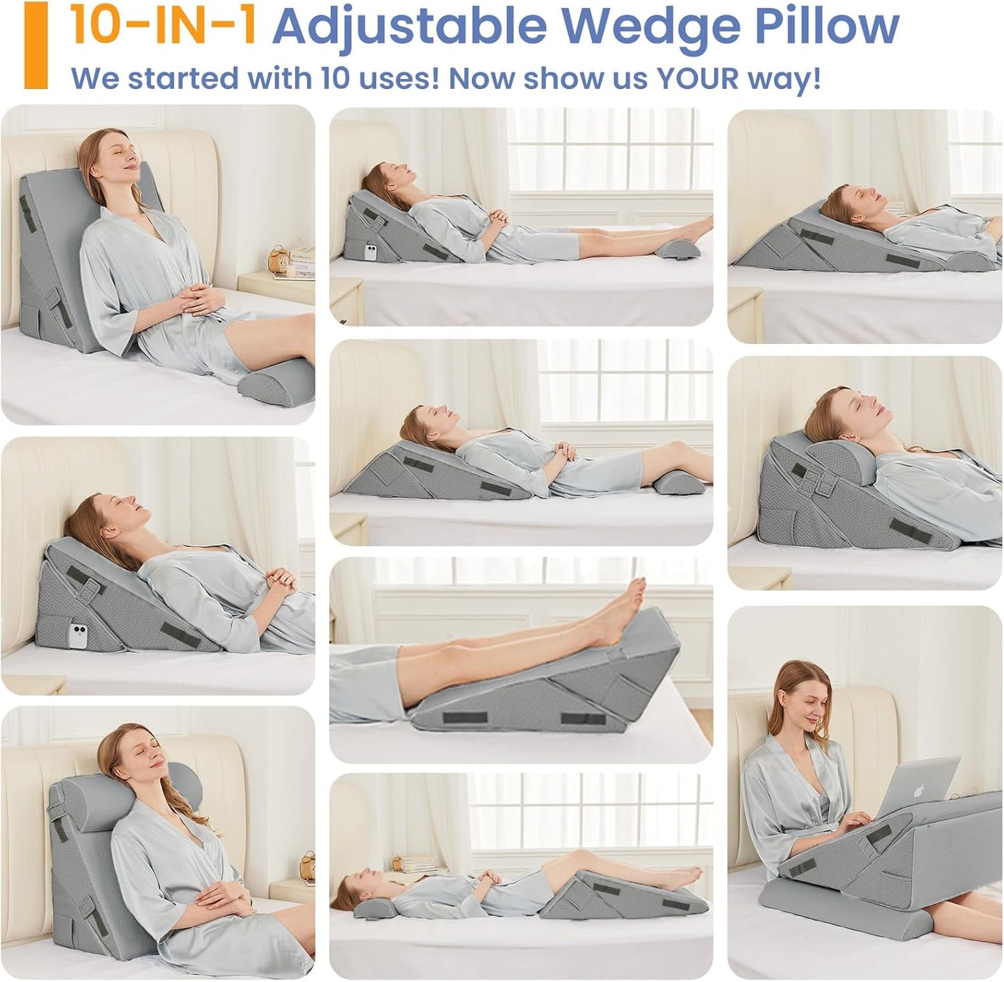 Sasttie Wedge Pillow Set for After Surgery, 2PCS Adjustable Bed Wedge Pillow Headboard with Memory Foam Neck Cushion – for Acid Reflux, Sleeping, Neck & Back Support, Dark Grey & White