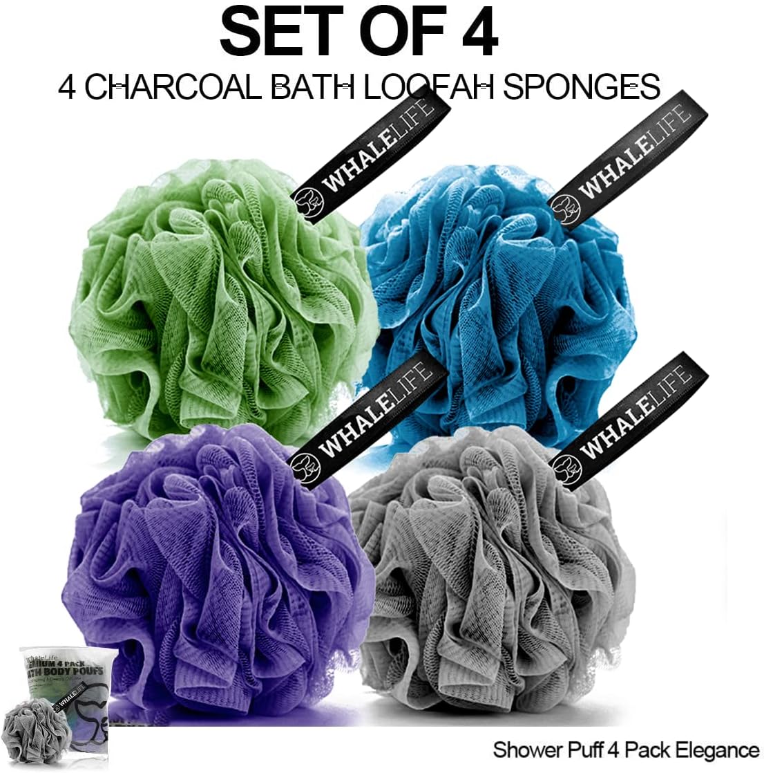 WhaleLife Loofah Bath Sponges - Black Gentle Exfoliating Shower Loofah for Rich Lather, Durable Mesh Body Scrubber for Men & Women 4 Pack