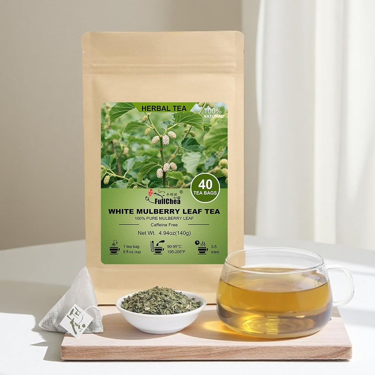 FullChea - White Mulberry Leaf Tea Bags, 40 Ct, Pure Dried Mulberry Tea