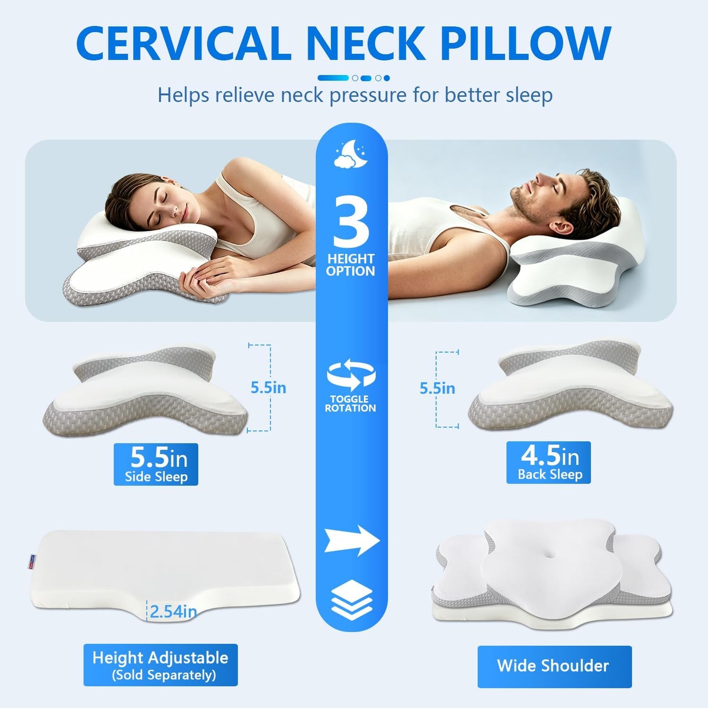 Ergo Pillow for Sleep Apnea, Neck Pain, and Snoring Relief | Cervical Neck Pillow for Neck Pain Relief & Side Sleeper | Orthopedic Memory Foam with Ergonomic Neck Support, Gray, Standard