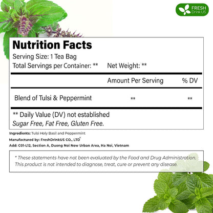 FreshDrinkUS, Premium Tulsi Peppermint Herbal Tea – 55 Tea Bags, 100% Natural, Blend of Tulsi Holy Basil Leaves, and Peppermint Leaves. Made with Natural Material Tea Bags. No Sugar, Vegan.