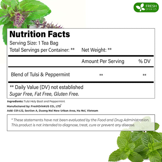 FreshDrinkUS, Premium Tulsi Peppermint Herbal Tea – 75 Bags, 100% Nature. Made with Natural Material. No Sugar, Vegan.