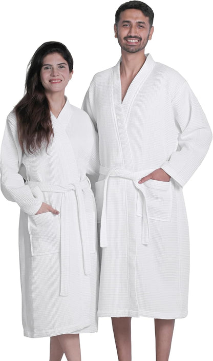 Looperry Unisex White Waffle Bathrobe (1 Piece) Luxurious & Lightweight Shower Robe in Organic Cotton Poly Blend