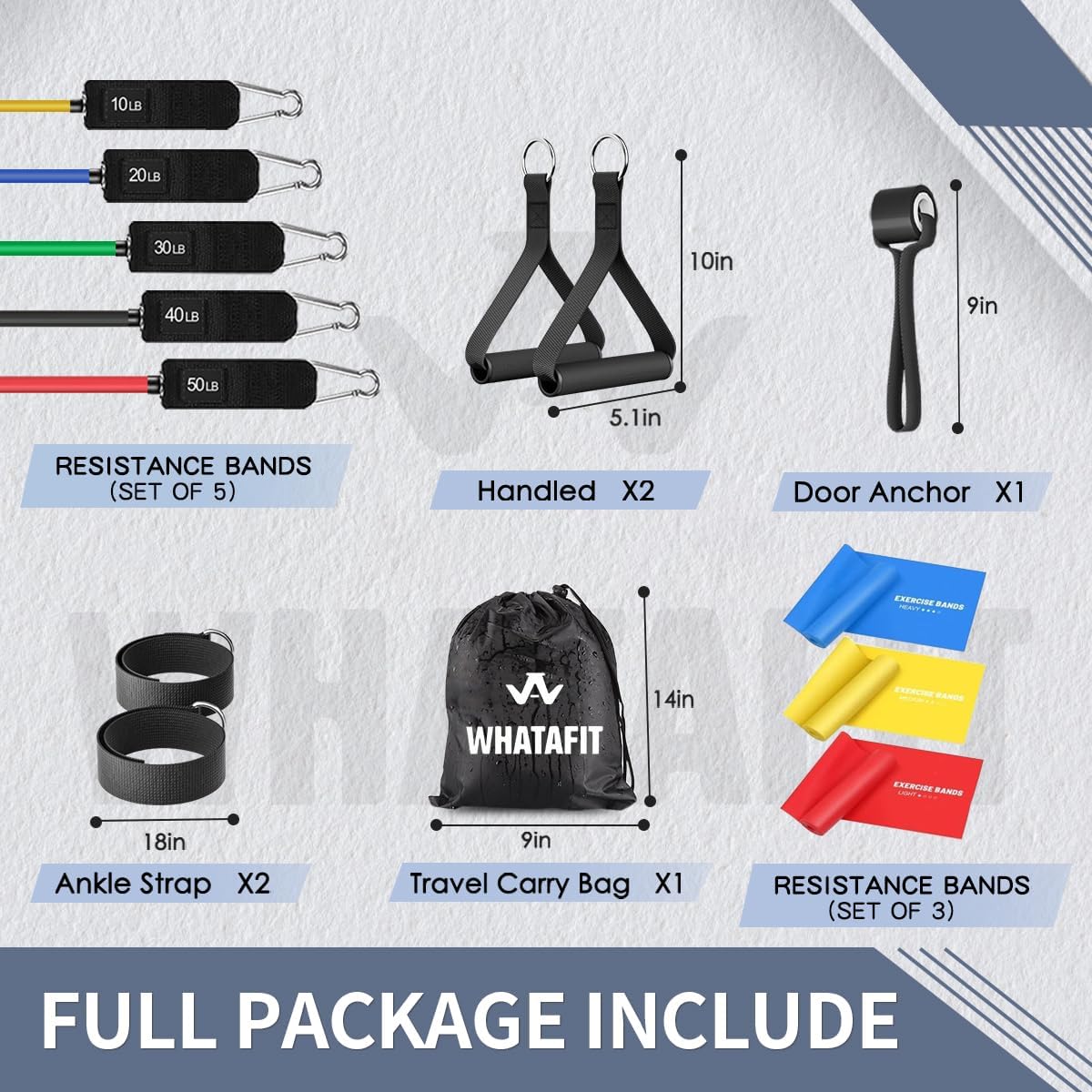 WHATAFIT Resistance Bands, Exercise Bands, Workout Bands with Handles, Door Anchor and Ankle Straps, 5 Resistance Levels Fitness Bands for Strength Training, Physical Therapy, and Home Gym Equipment