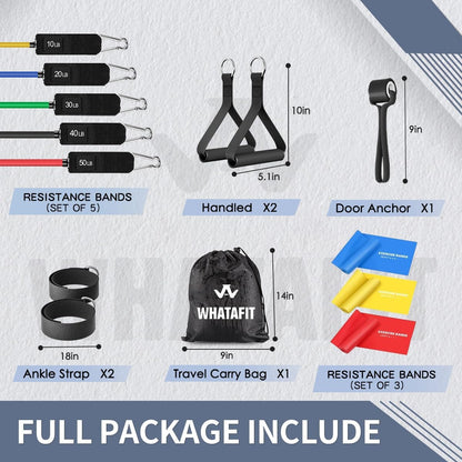 WHATAFIT Resistance Bands, Exercise Bands, Workout Bands with Handles, Door Anchor and Ankle Straps, 5 Resistance Levels Fitness Bands for Strength Training, Physical Therapy, and Home Gym Equipment