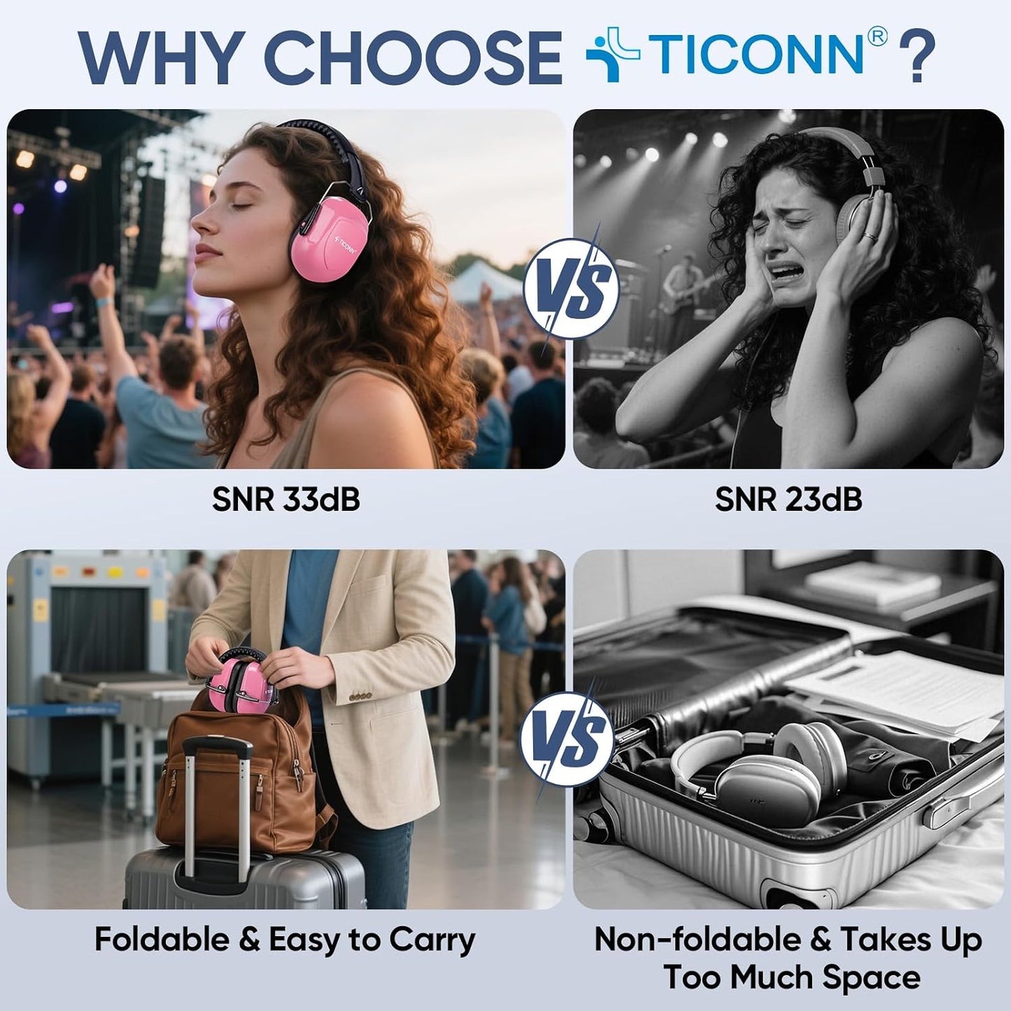 TICONN Noise Cancelling Ear Muffs for Adults, SNR 33dB Hearing Protection, Adjustable Safety Earmuffs for Construction