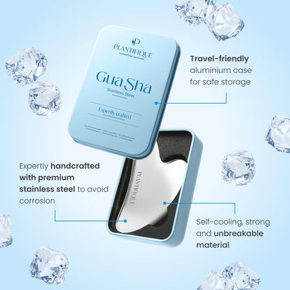 PLANTIFIQUE Stainless Steel Gua Sha and Ice Roller for Face & Body - Cooling Facial Tool Set to Reduce Puffiness, Improve Lymphatic Drainage & Soothe Skin