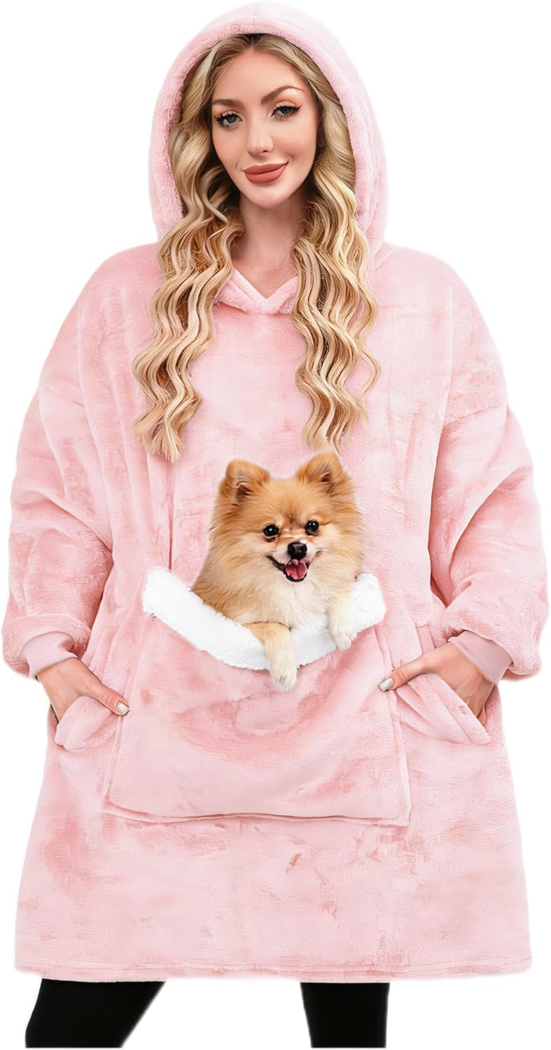 Wearable Blanket Hoodie Gifts for Women Men, Oversized Blanket Sweatshirt Cozy Fleece Blanket with Dog Giant Pocket