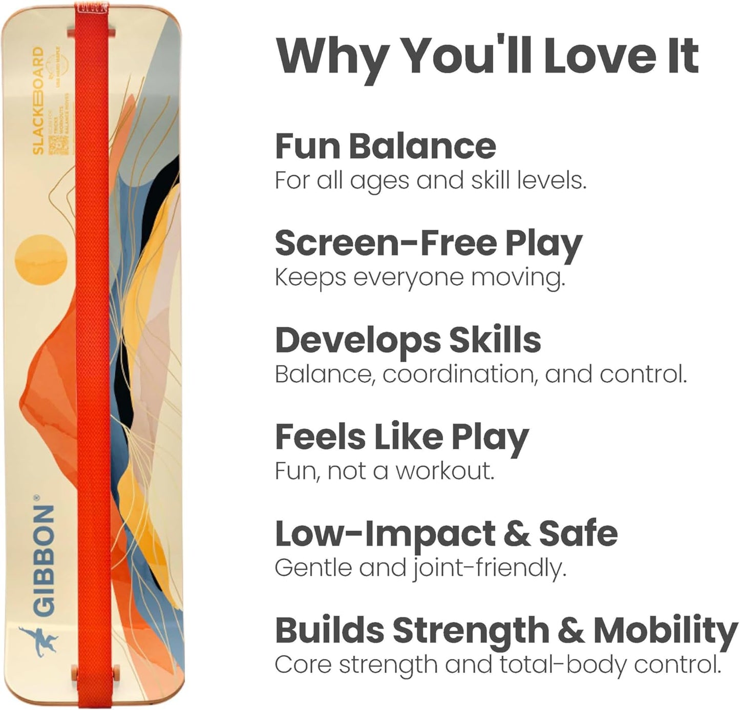 GIBBON SlackBoard - GiBoard Balance Board - Gift for Kids & Adults - 1 & 2 Line Options - Slackline Balance Trainer for Core Workouts, Standing Desk Exercise, Home Gym, Yoga & More
