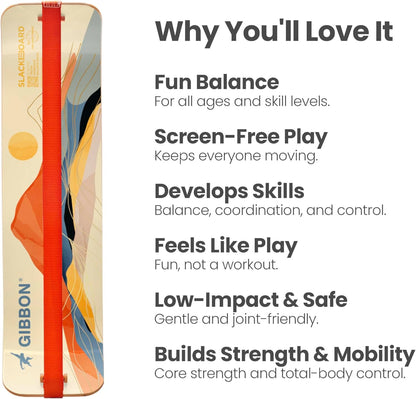 GIBBON SlackBoard - GiBoard Balance Board - Gift for Kids & Adults - 1 & 2 Line Options - Slackline Balance Trainer for Core Workouts, Standing Desk Exercise, Home Gym, Yoga & More