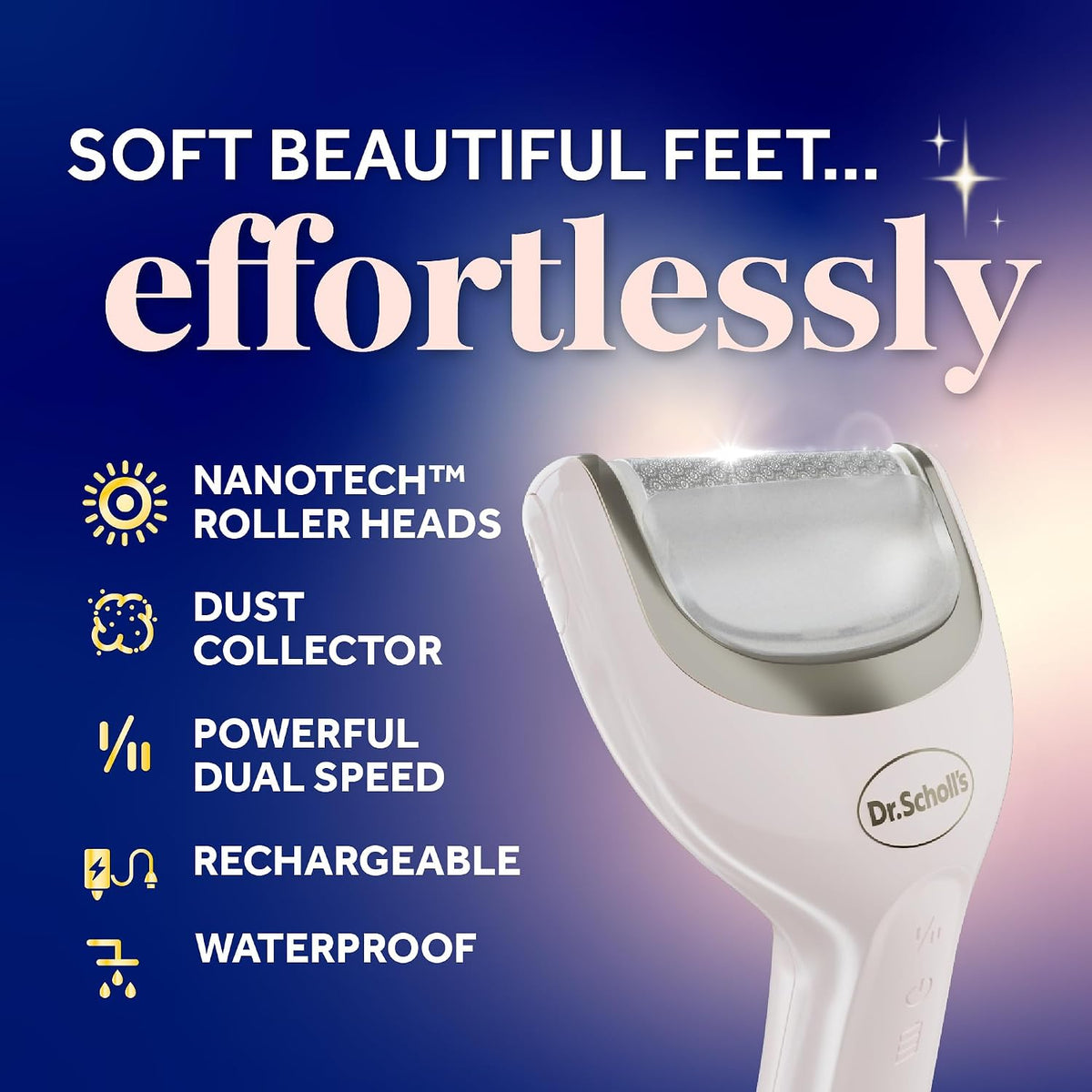 Dr. Scholl's Pedi Perfect Electric Foot Callus Remover, Waterproof, Rechargeable with x2 Roller Heads, Removes Hard Skin for Soft Beautiful Feet, 90 Minute Run Time, Dust Catcher, Pedicure Tools