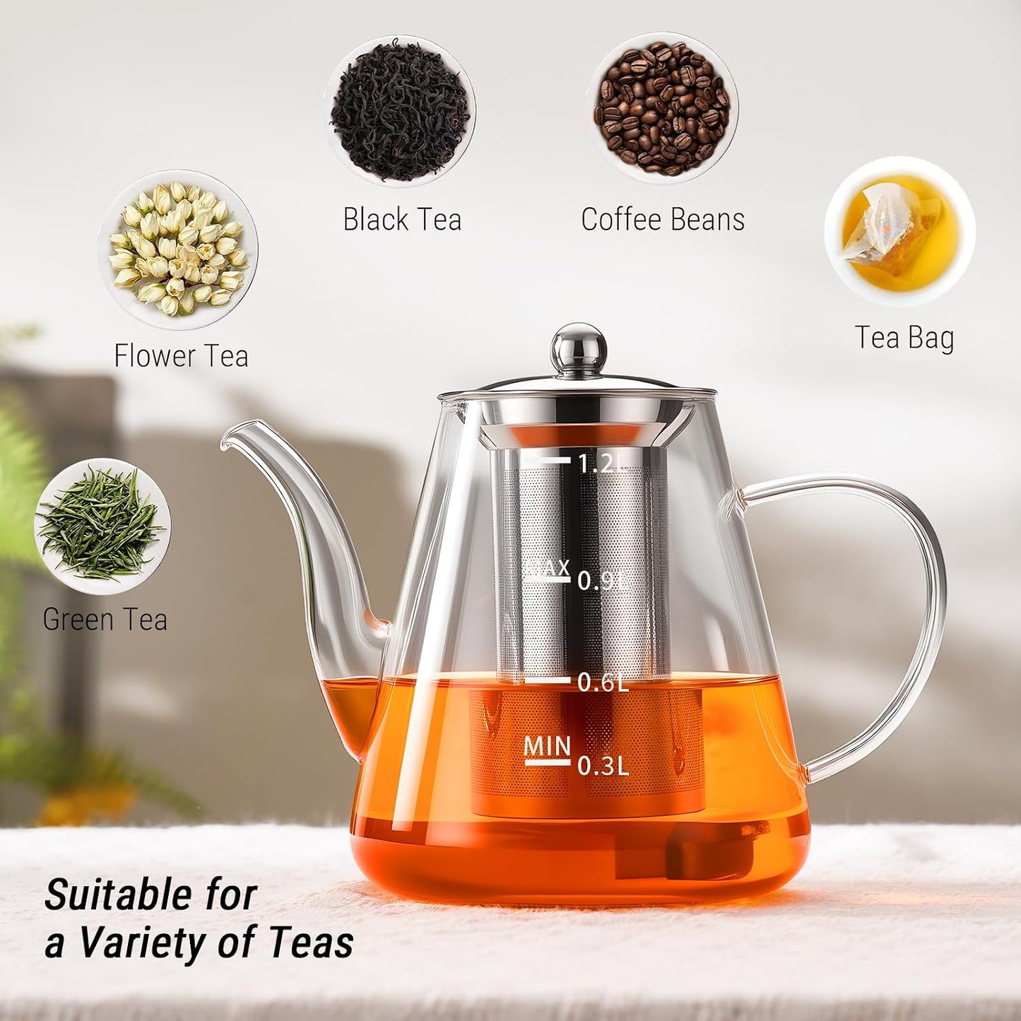 PARACITY Glass Teapot Stovetop 40 OZ/1200ml, Borosilicate Clear Tea Kettle with Removable 18/8 Stainless Steel Infuser, Teapot Blooming and Loose Leaf Tea Maker Tea Brewer for Camping, Travel